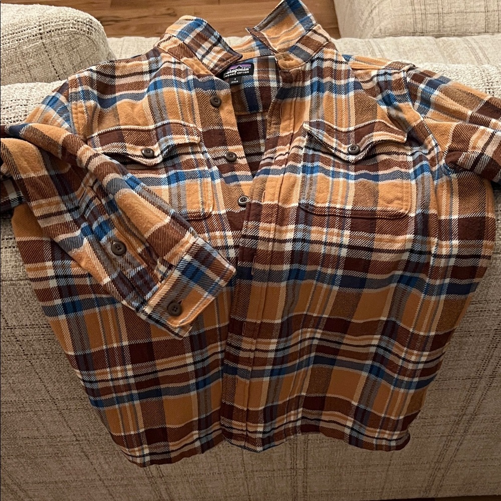 Patagonia Men's Plaid Button-Down Shirt Jacket - Mustard, Brown & Blue